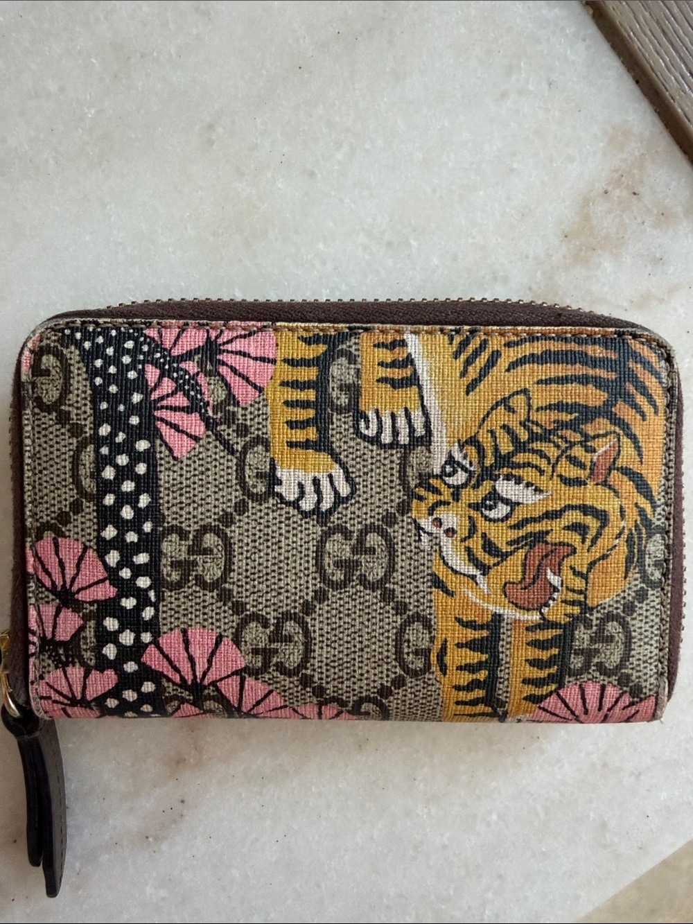 Gucci Brown GG Supreme Canvas Zip Wallet with Yellow Tiger & Pink Floral